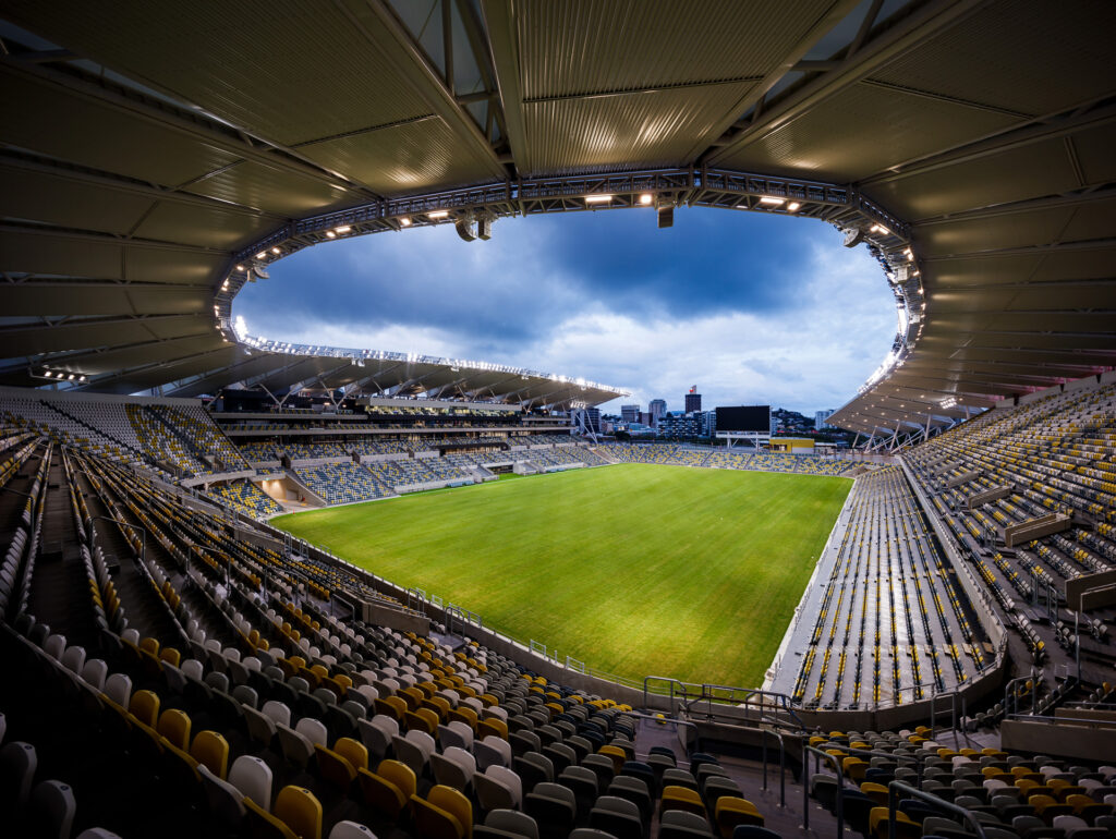 A high angle view of the field and stand at QLD Country Bank Stadium from the southwest corner of the stadium seats.